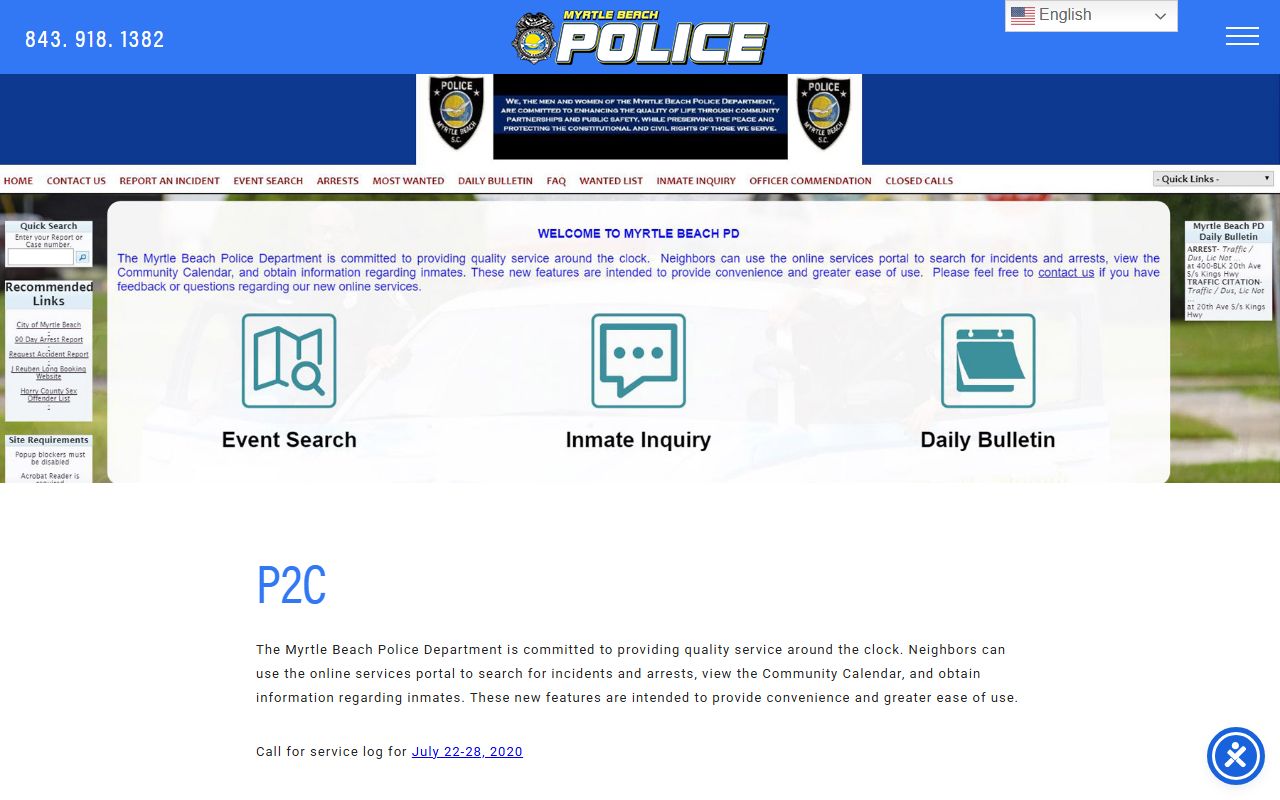 Myrtle Beach P2C portal for searching recent arrests, incidents, and inmate data
