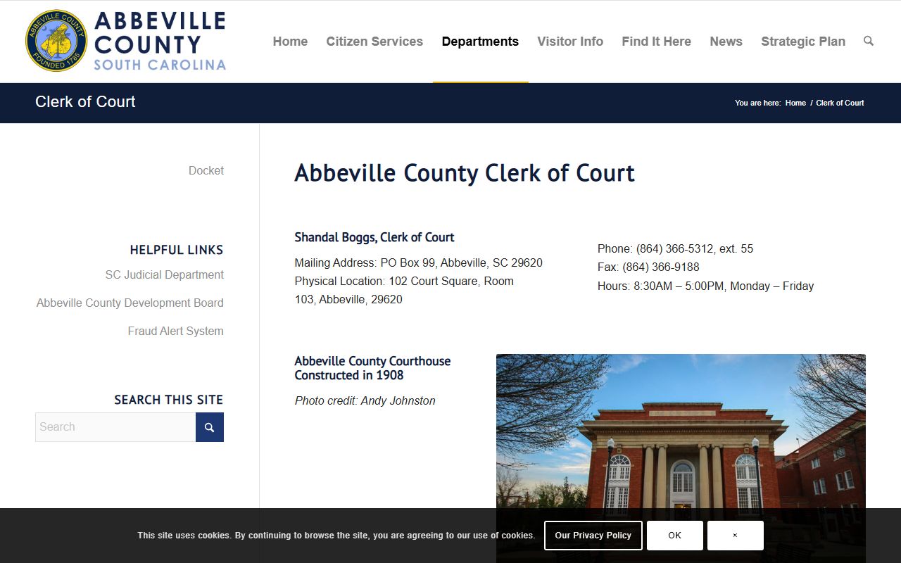 Abbeville County Clerk of Court page for arrest case records