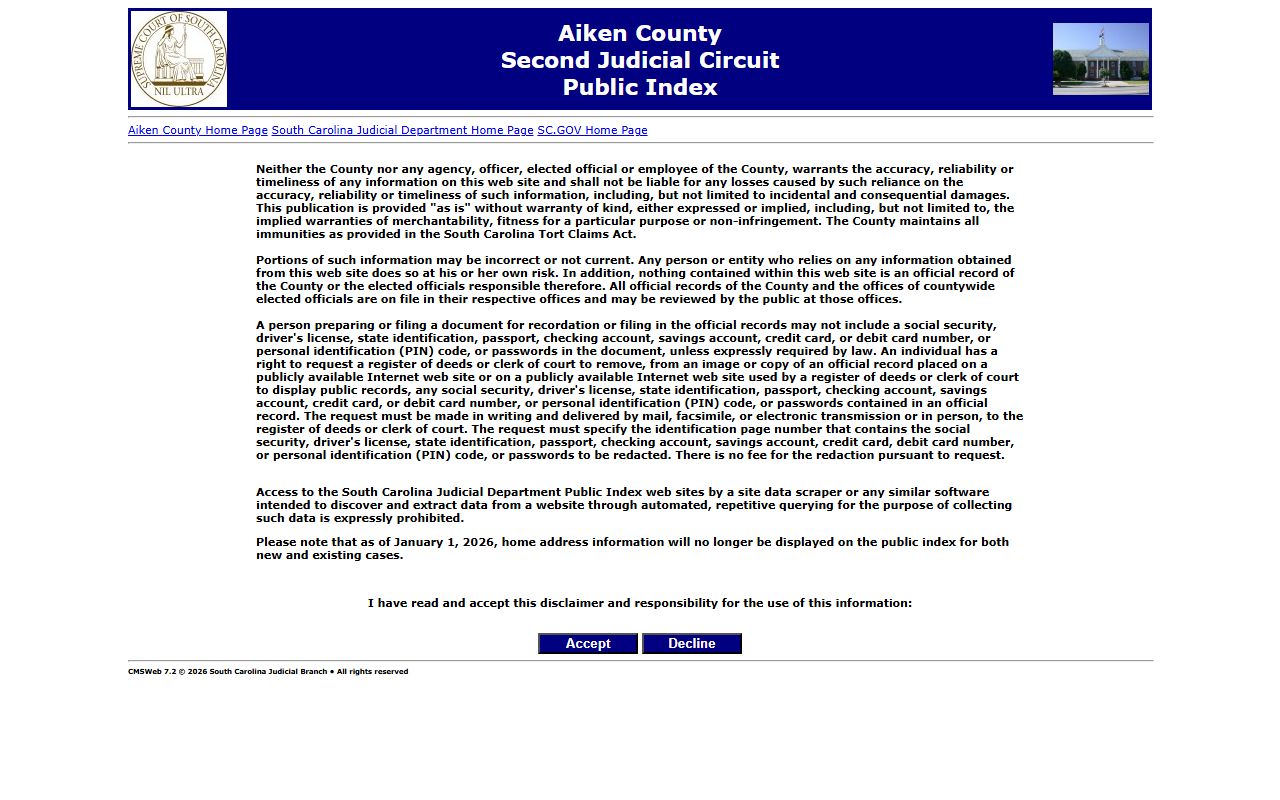 Aiken County Public Index for searching recent arrests court records
