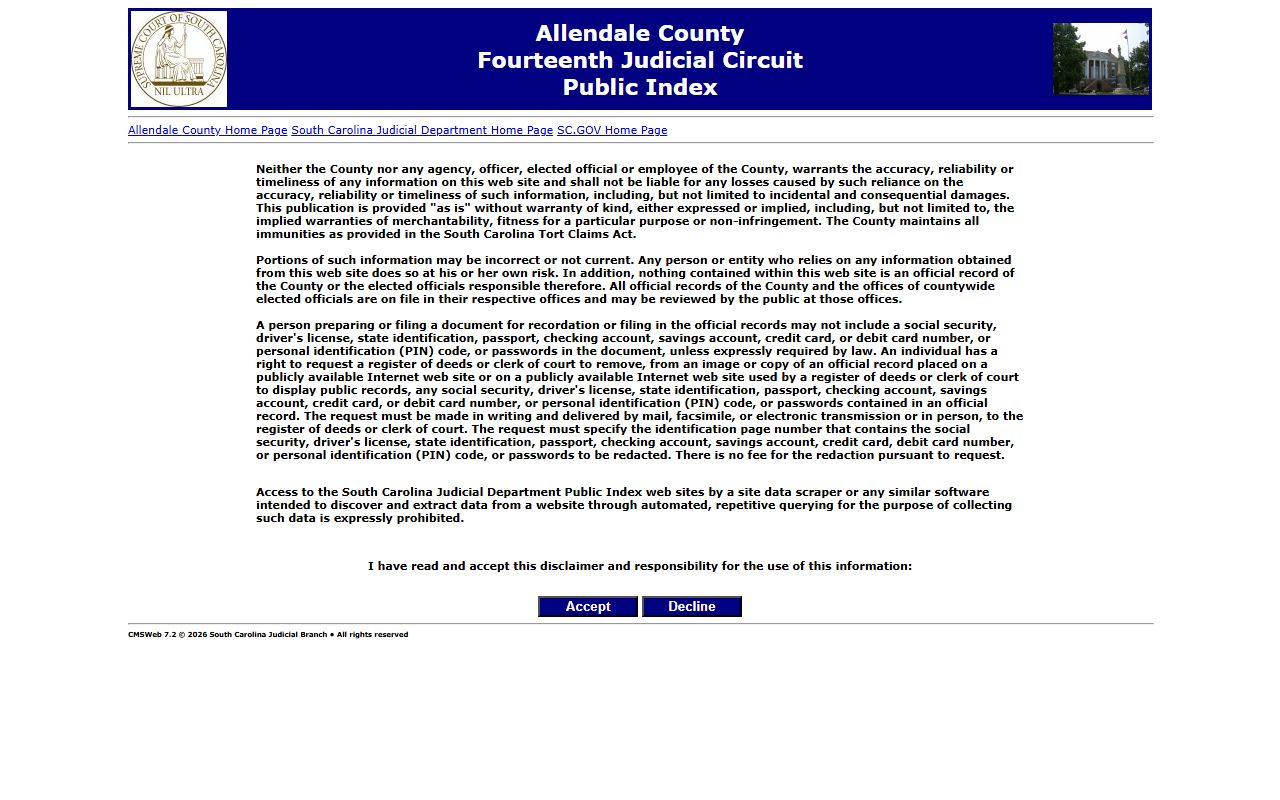 Allendale County Public Index for searching recent arrests and court records