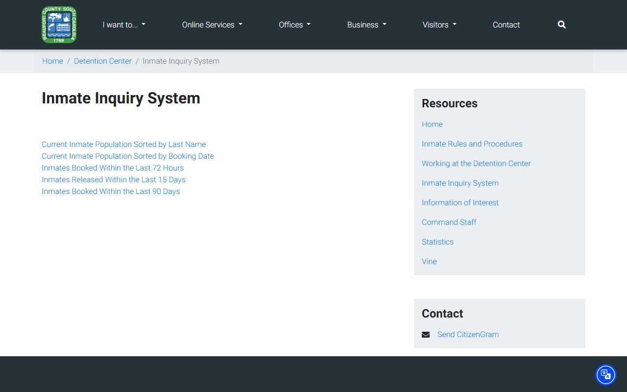 Beaufort County Inmate Inquiry System for searching recent arrests