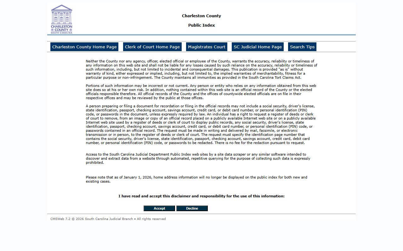 Charleston County Public Index for recent arrests court case search