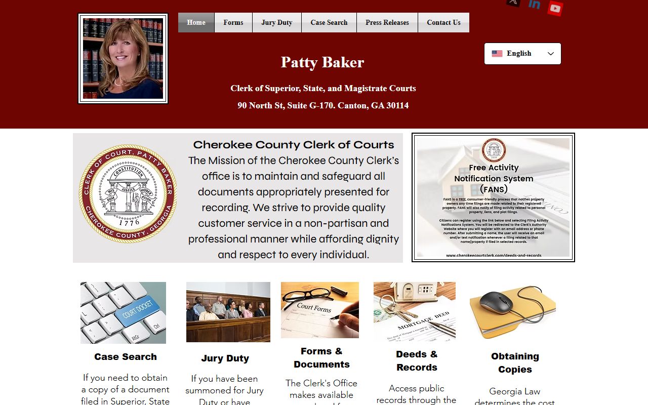 Cherokee County Clerk of Court website for recent arrests case information