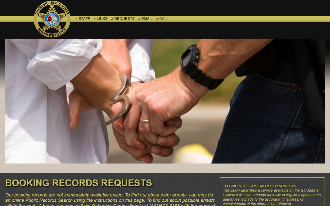Chesterfield County booking records request page for recent arrests