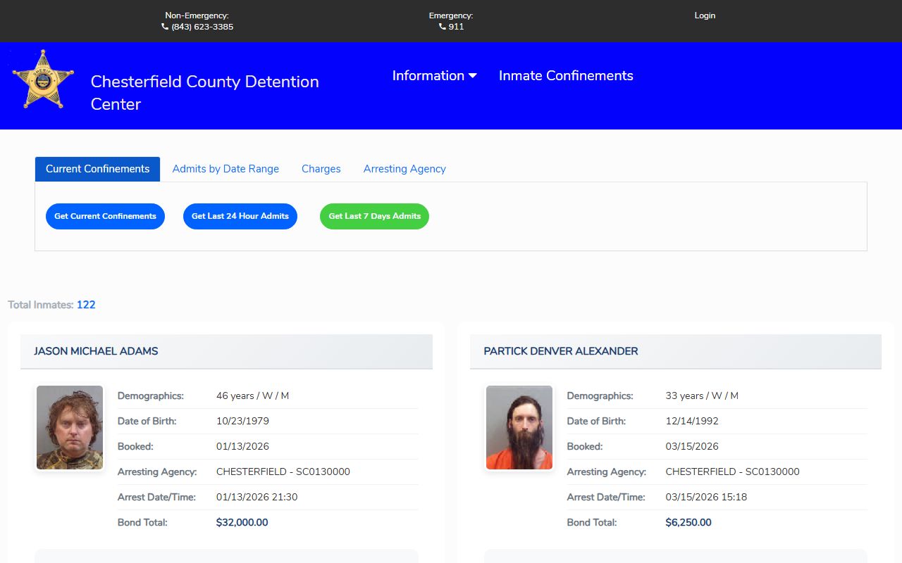Chesterfield County inmate search tool for recent arrests booking data