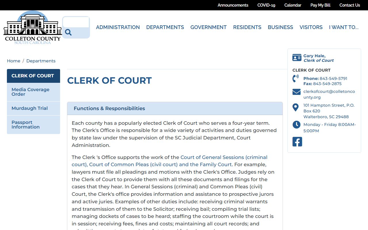 Colleton County Clerk of Court website for arrest case records