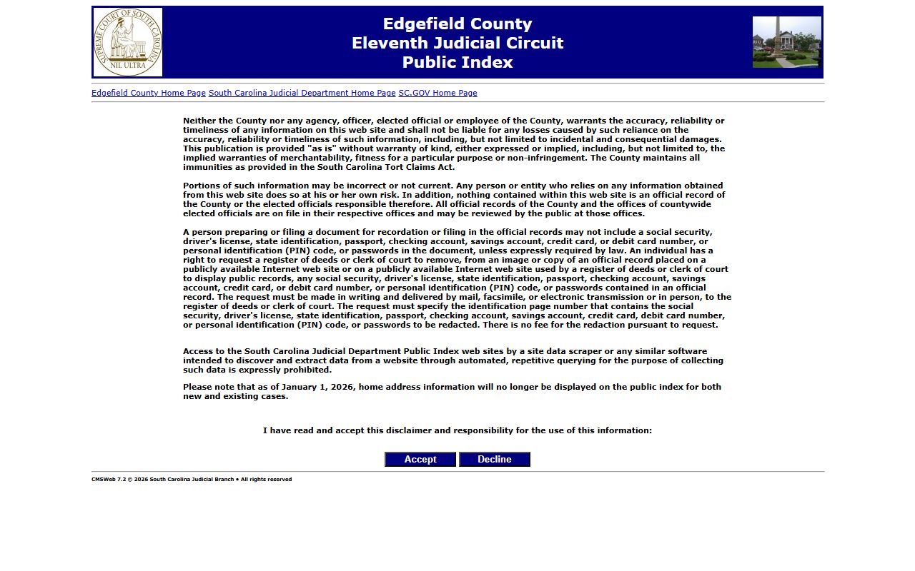Edgefield County Public Index for searching recent arrests court cases