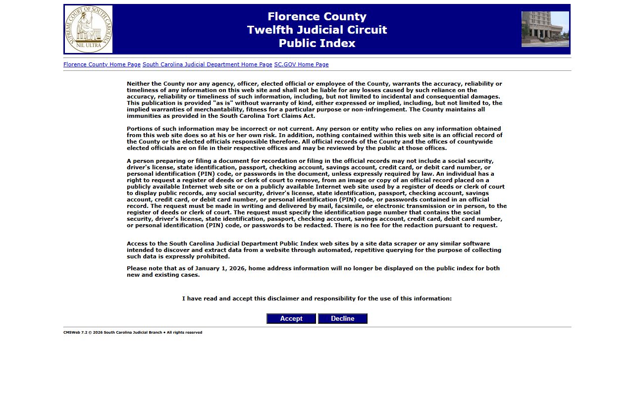 Florence County Public Index for court records related to arrests