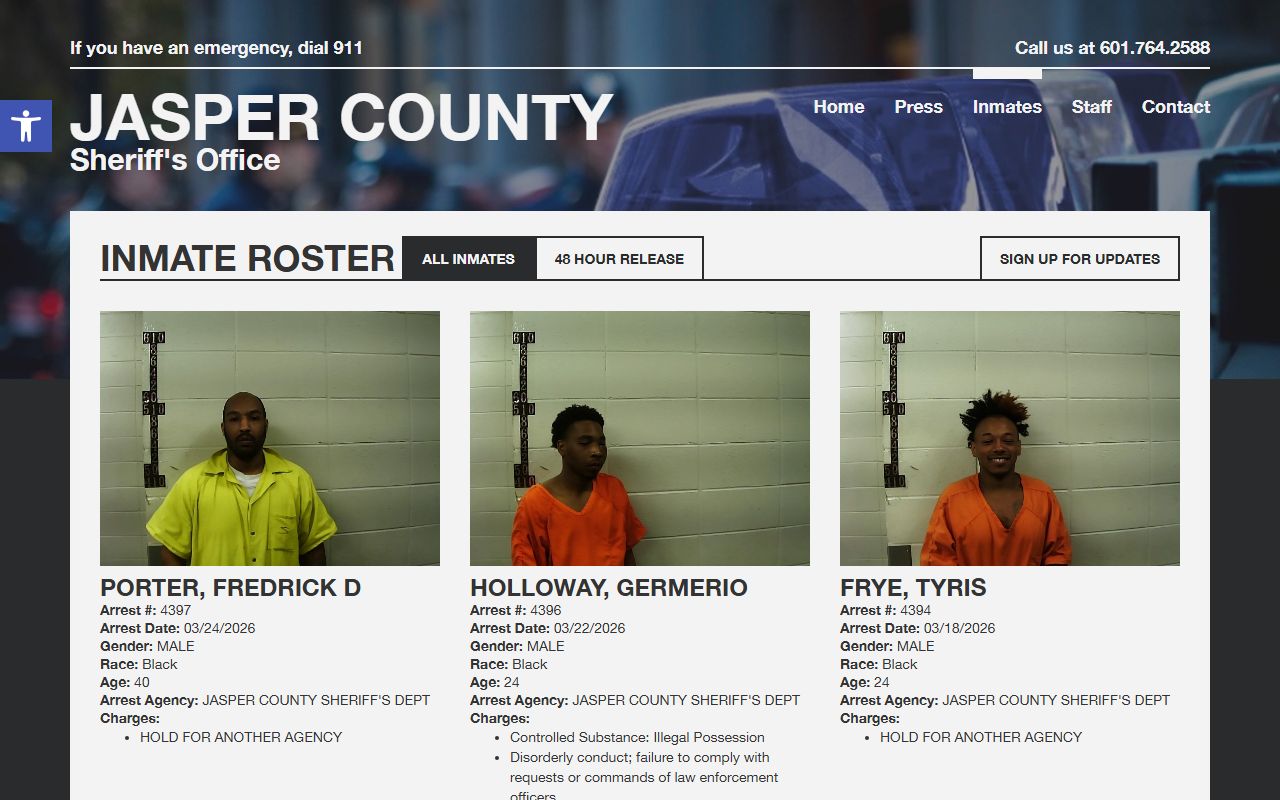 Jasper County inmate roster page for recent arrests lookup