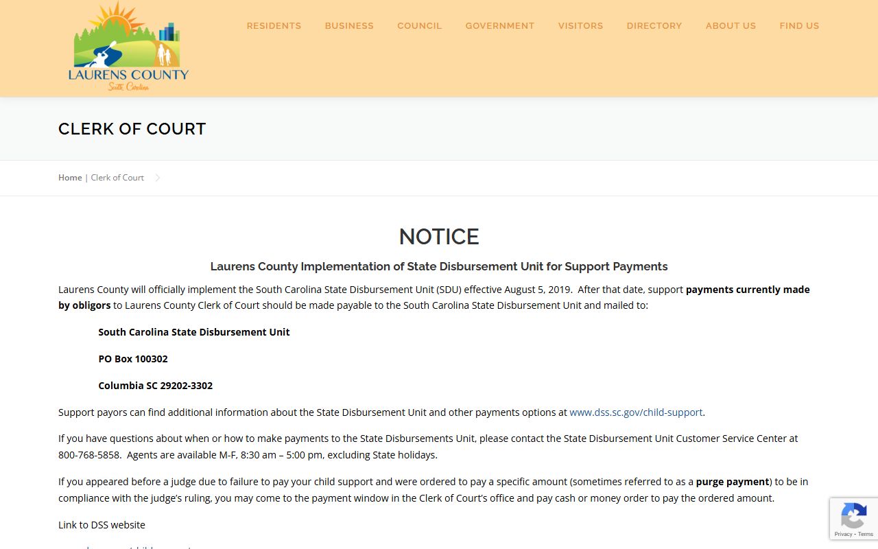 Laurens County Clerk of Court website for arrest case records
