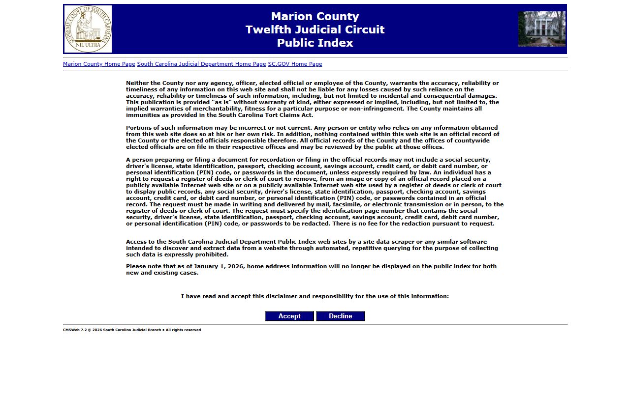 Marion County Public Index search page for court arrest records