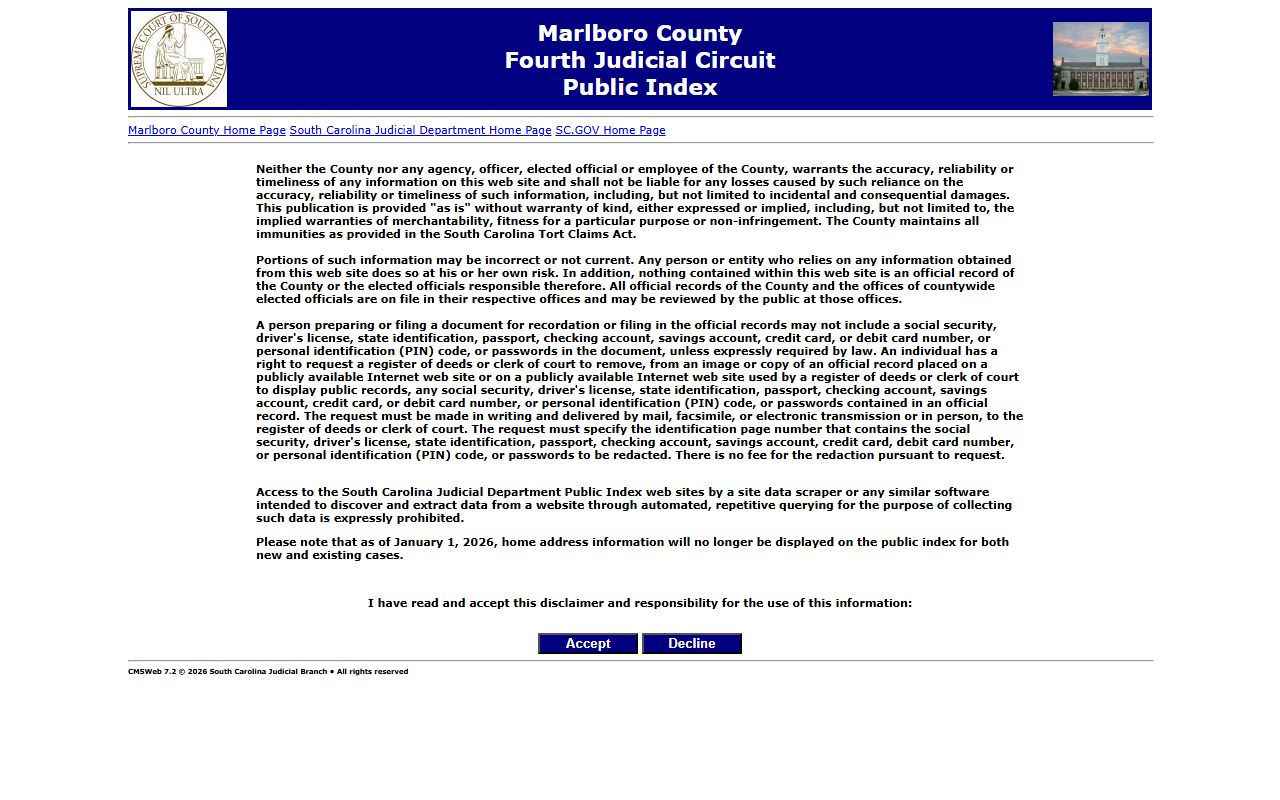 Marlboro County Public Index search page for court records