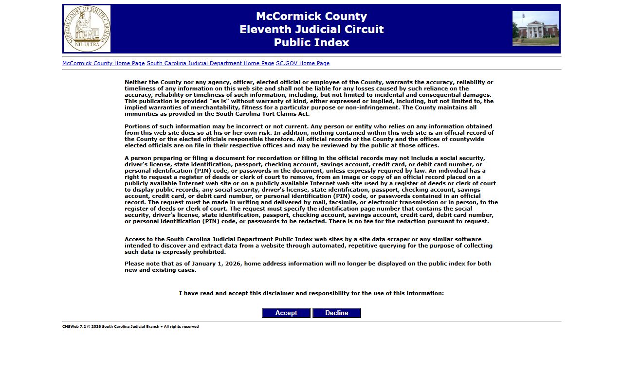 McCormick County Public Index for court arrest records