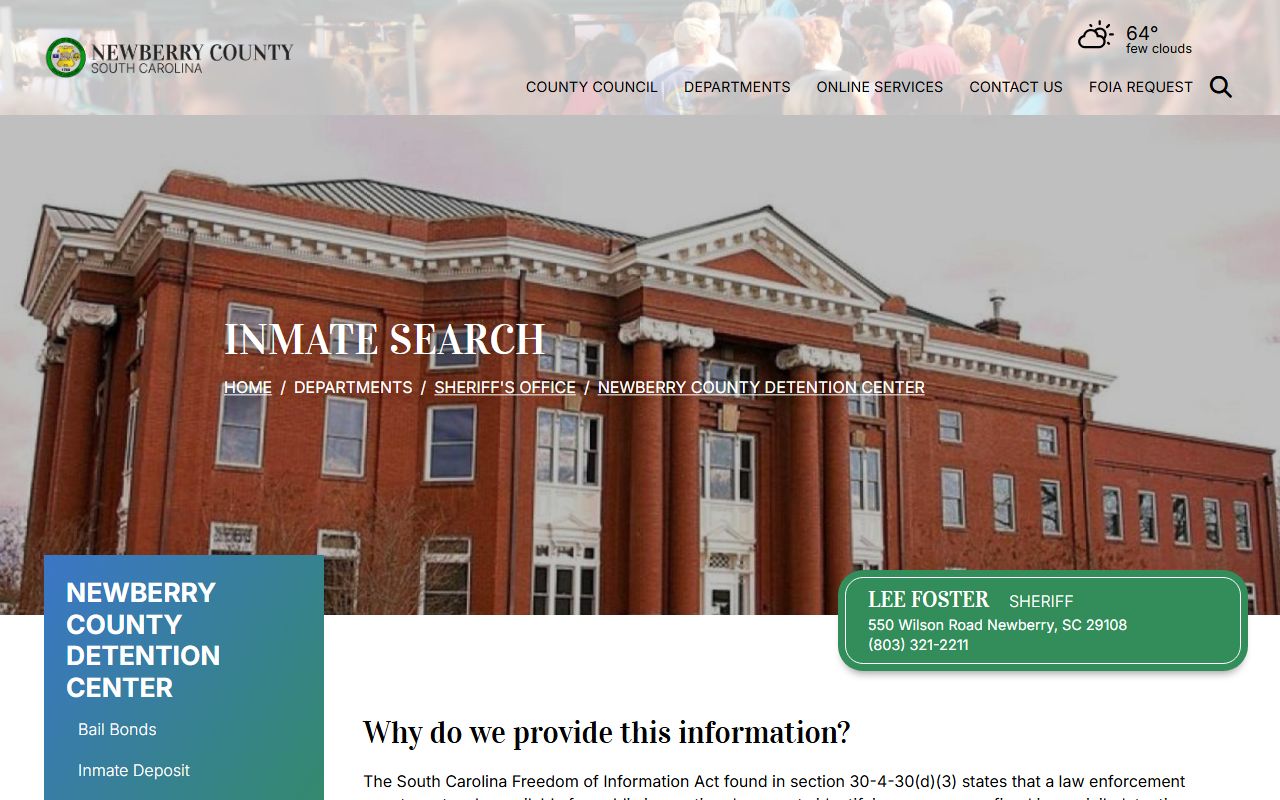Newberry County inmate search tool with mugshots and booking data