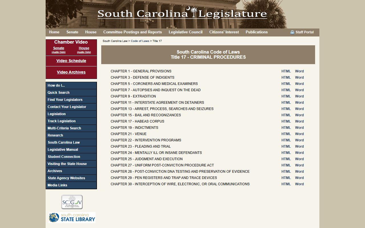 South Carolina Code of Laws Title 17 criminal procedures for recent arrests
